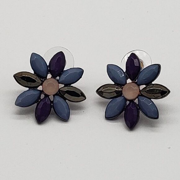 Vintage Costume Jewelry Cluster Floral Pink Blue Necklace Earring & Bracelet Set - Picture 7 of 15